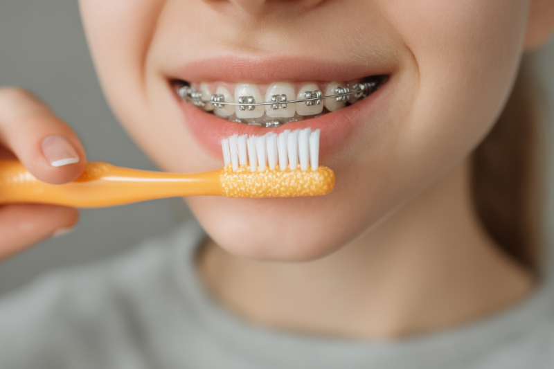 矯正治療を計画どおりに進めるために丁寧にブラッシングをする女性
