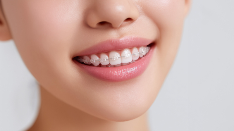 ワイヤー矯正をする女性の口元