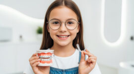 マウスピースとワイヤー矯正装置を手に持っている子ども