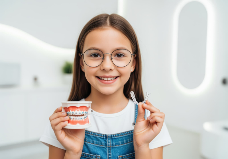 マウスピースとワイヤー矯正装置を手に持っている子ども