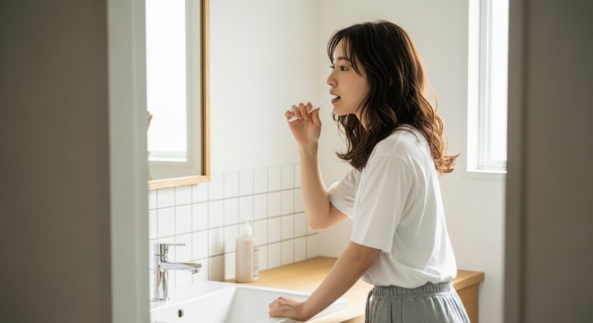 ホワイトニング後の歯磨きを丁寧に行う女性
